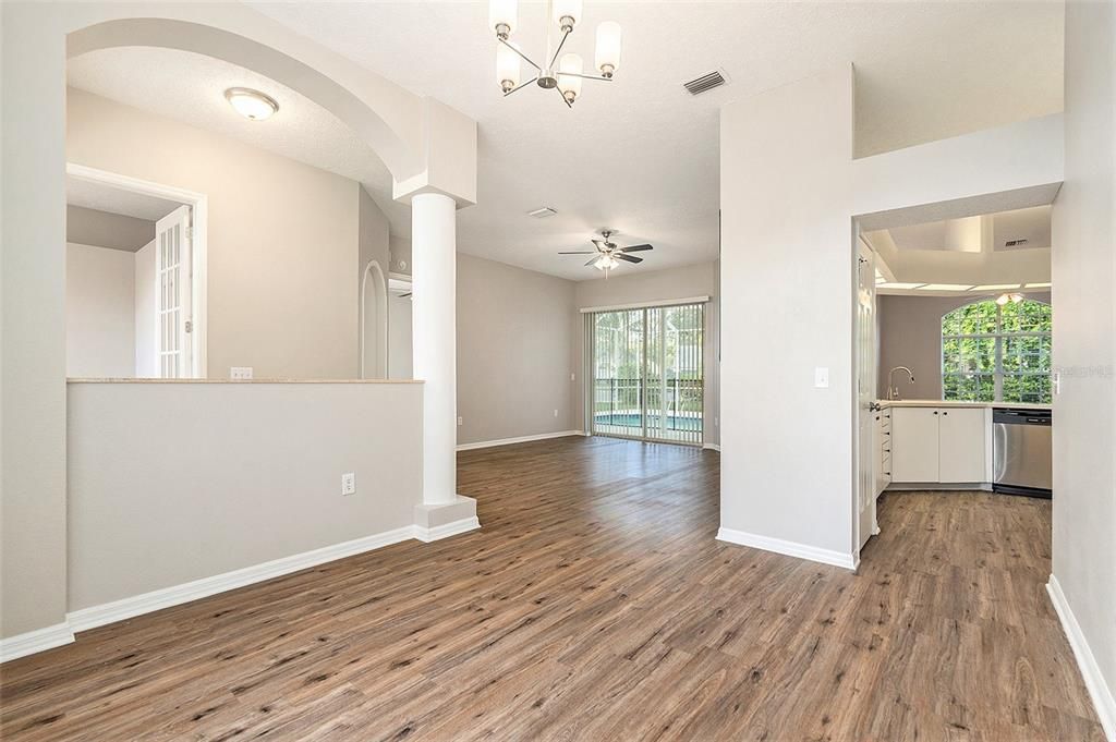 Interior, Kitchen, Pendant Lights, Wood Texture Flooring