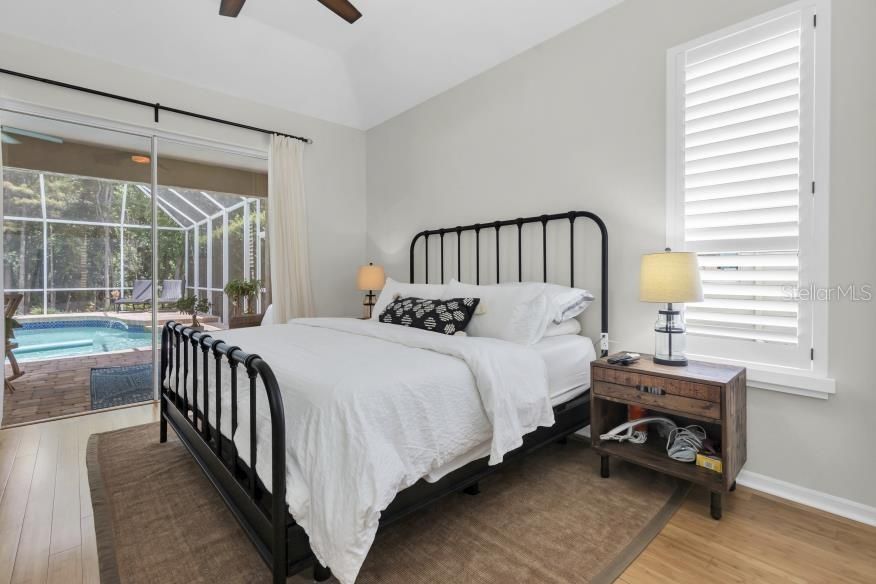 Bedroom, Interior, Pool, Sun Room, Wood Texture Flooring