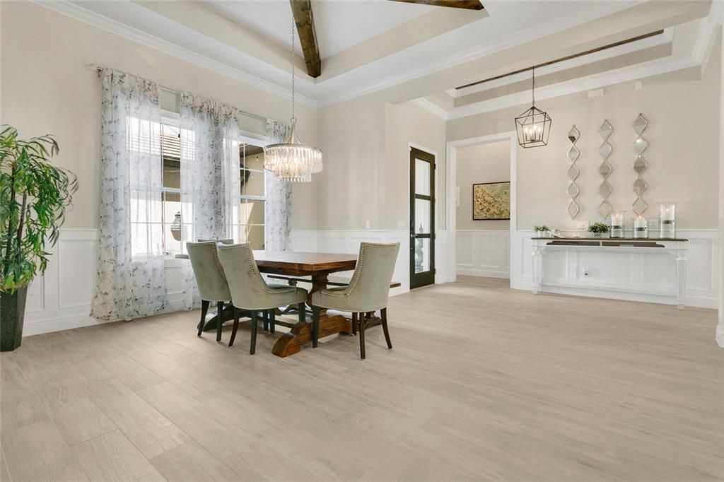 Chandelier, Dining room, Interior, Pendant Lights, Wooden Beams, Wood Texture Flooring