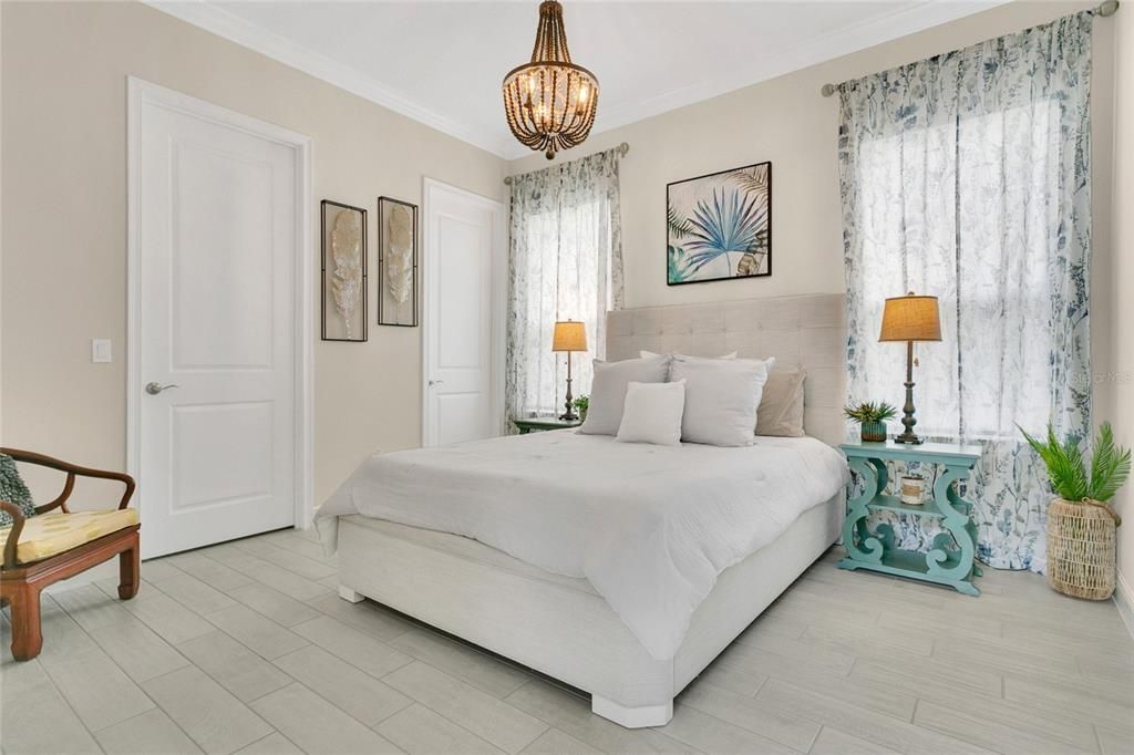 Bedroom, Chandelier, Interior, Wood Texture Flooring