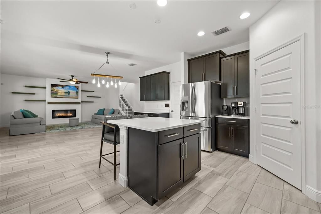 Fireplace, Interior, Kitchen, Living room, Pendant Lights, Recessed Lighting
