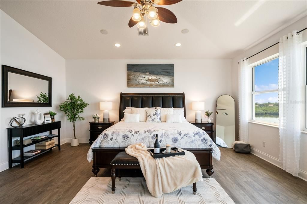 Bedroom, Interior, Recessed Lighting, Wood Texture Flooring