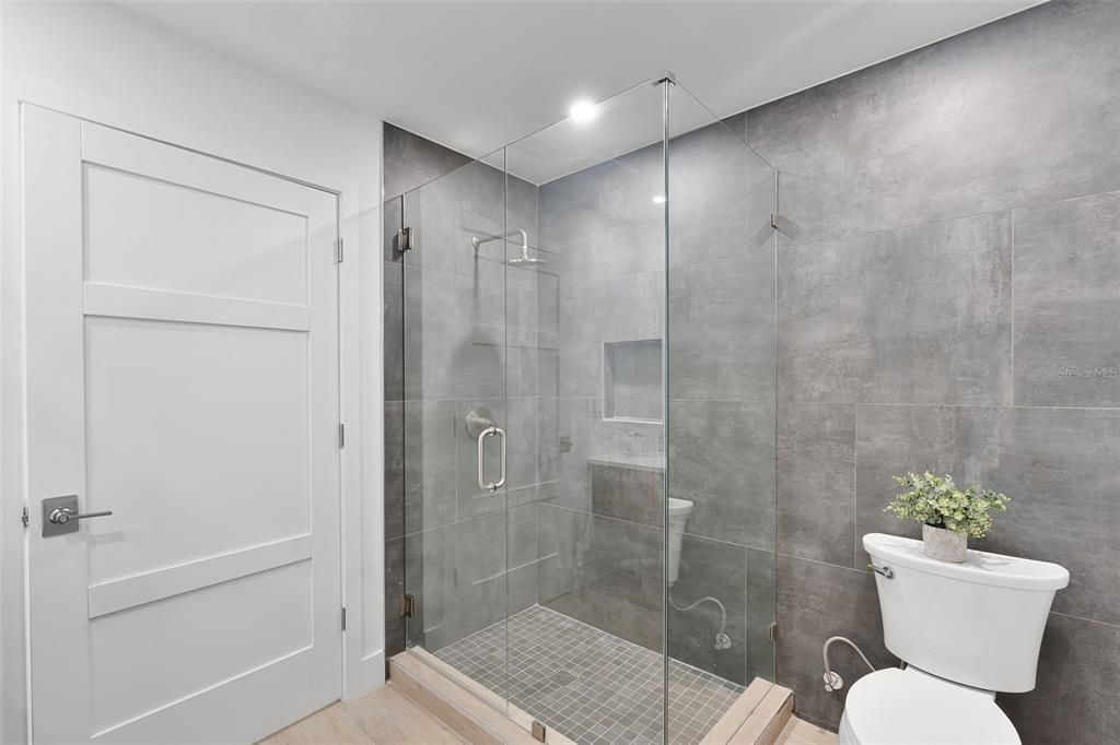 Bathroom, Glass Shower, Interior, Recessed Lighting