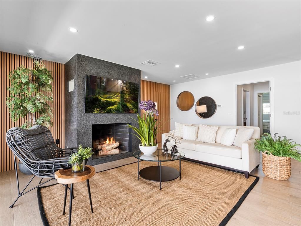 Fireplace, Interior, Living room, Recessed Lighting, Wood Texture Flooring
