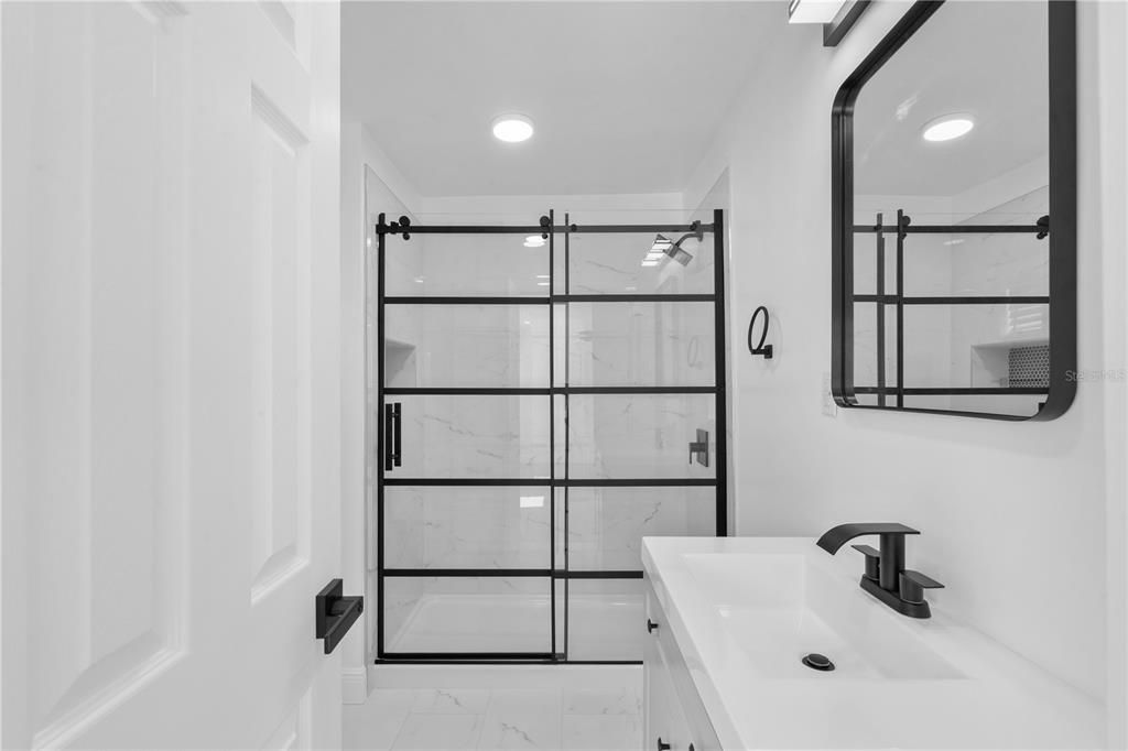 Bathroom, Glass Shower, Interior, Marble, Marble Walls, Recessed Lighting