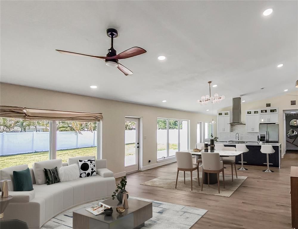 Dining room, Interior, Kitchen, Living room, Pendant Lights, Recessed Lighting, Wood Texture Flooring