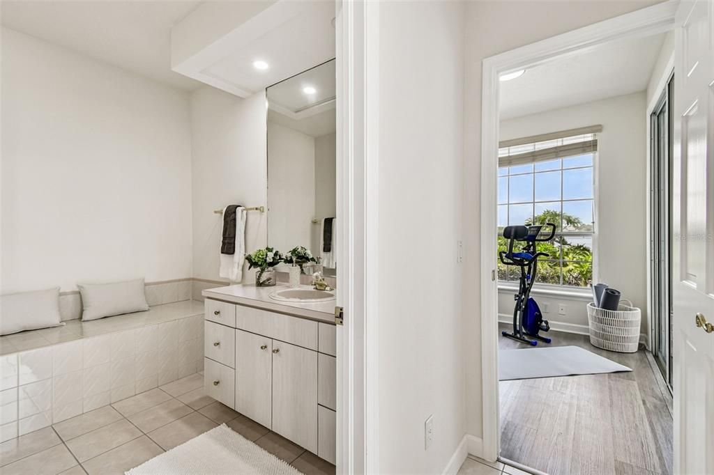 Bathroom, Fitness Equipment, Interior, Recessed Lighting, Wood Texture Flooring