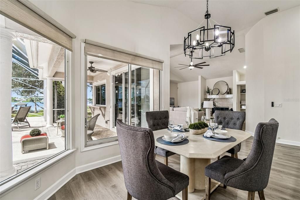 Chandelier, Dining room, Interior, Pendant Lights, Wood Texture Flooring