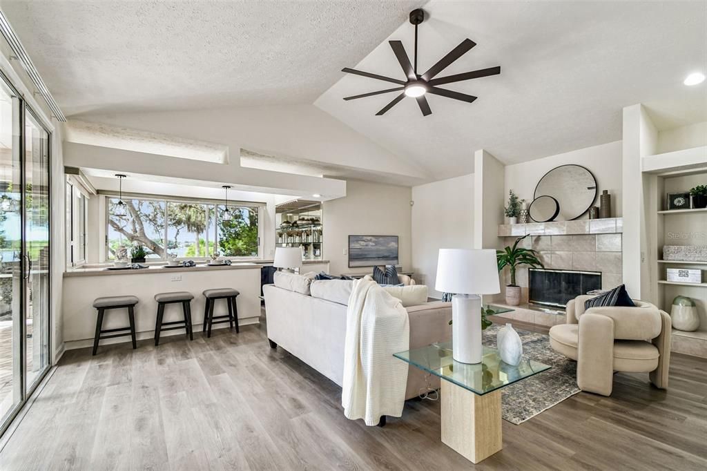 Fireplace, Interior, Living room, Pendant Lights, Recessed Lighting, Wood Texture Flooring