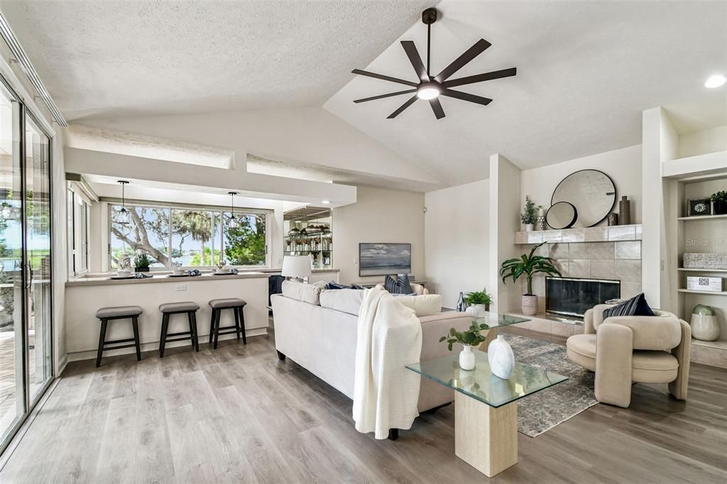 Fireplace, Interior, Living room, Pendant Lights, Recessed Lighting, Wood Texture Flooring