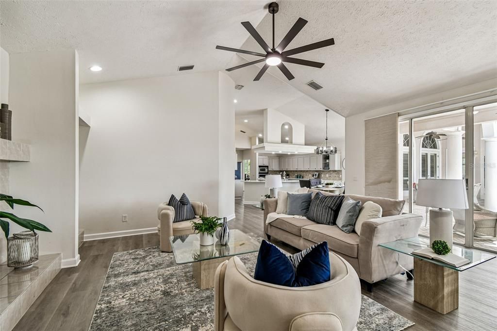 Interior, Kitchen, Living room, Pendant Lights, Recessed Lighting, Wood Texture Flooring