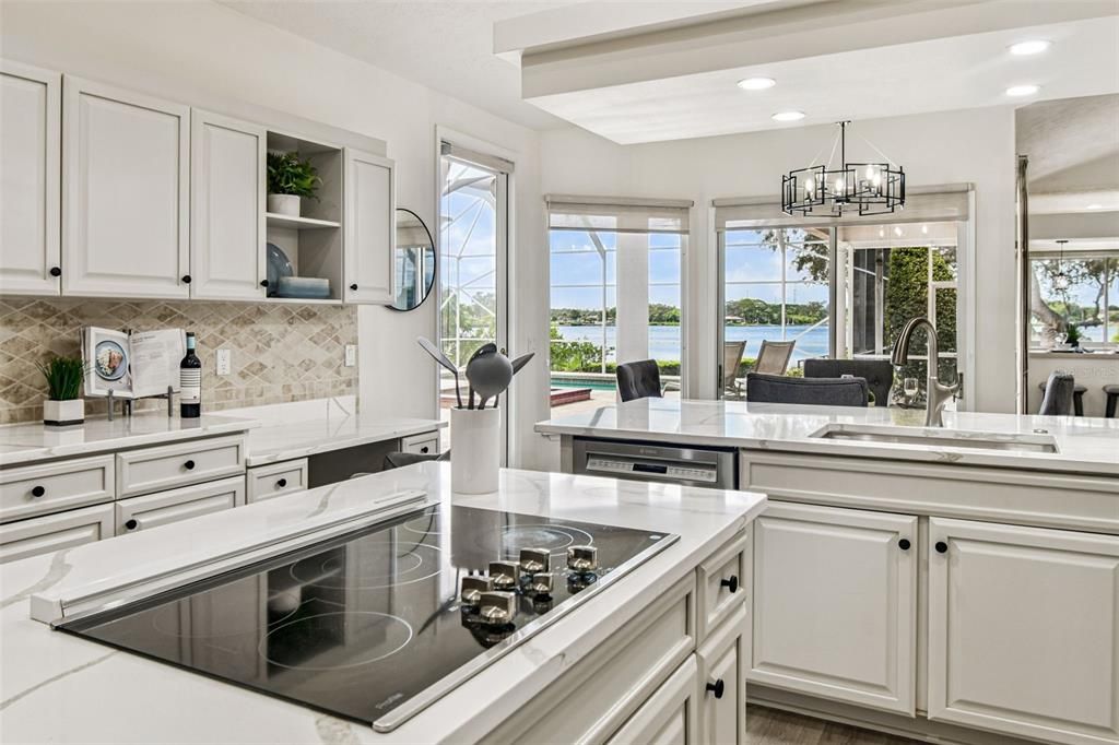 Interior, Kitchen, Recessed Lighting, Stainless Steel Appliances, Water, Wood Texture Flooring