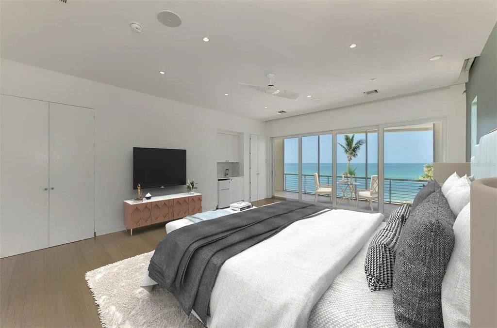 Bedroom, Interior, Recessed Lighting, Water, Wood Texture Flooring