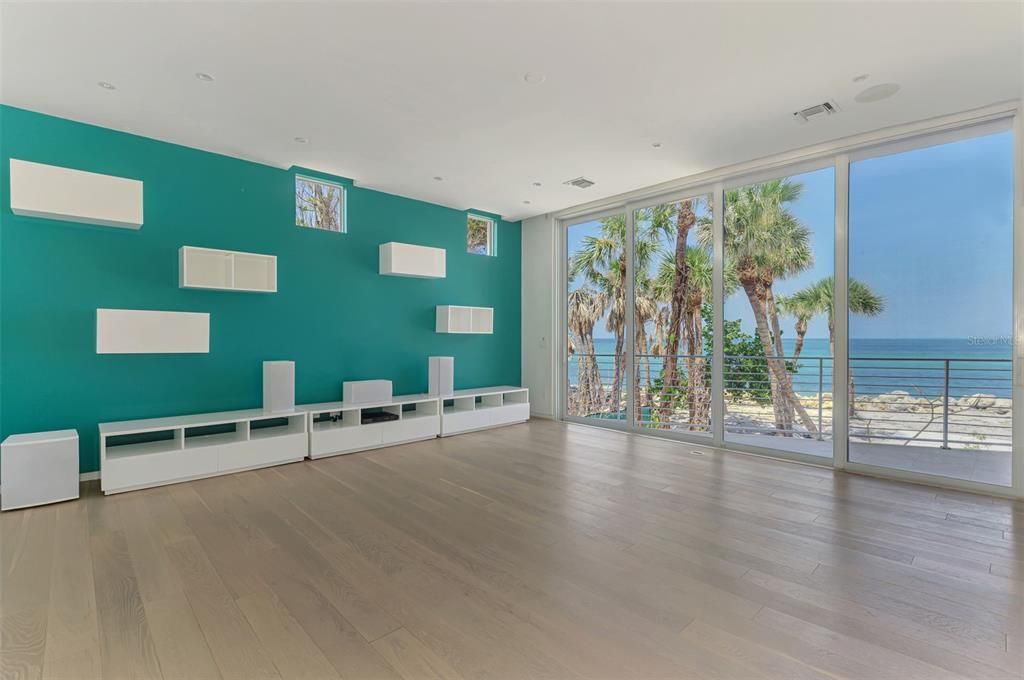 Empty room, Interior, Recessed Lighting, Water, Wood Texture Flooring