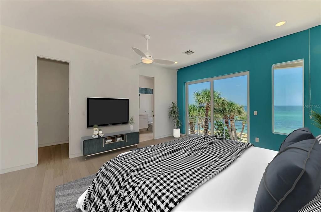 Bedroom, Interior, Recessed Lighting, Water, Wood Texture Flooring