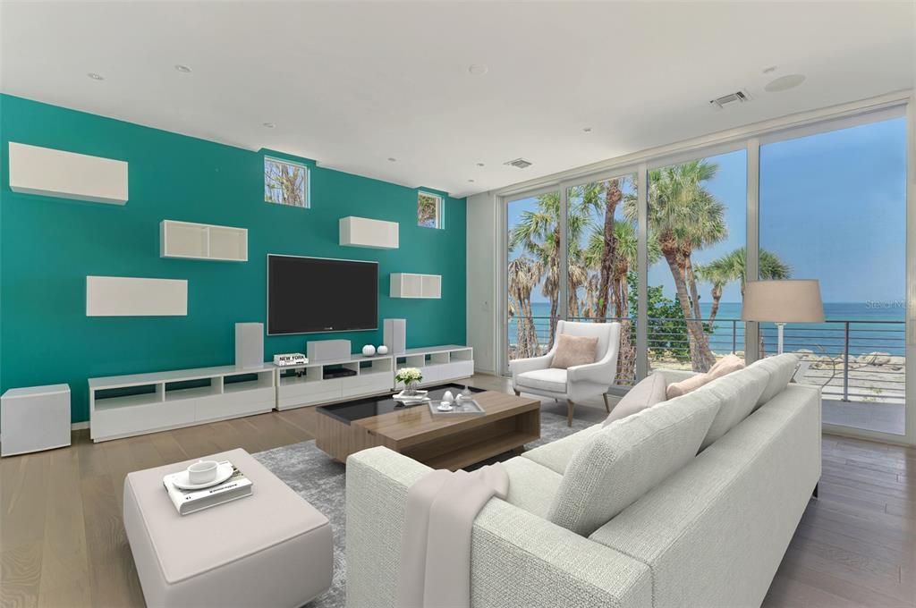Interior, Living room, Recessed Lighting, Water, Wood Texture Flooring