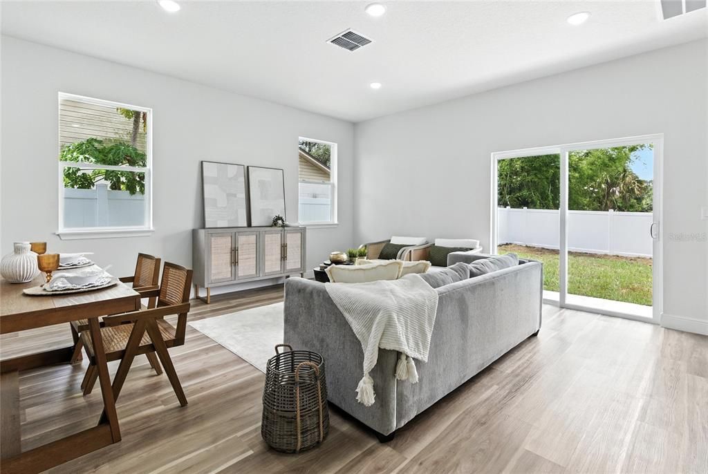 Dining room, Interior, Living room, Recessed Lighting, Wood Texture Flooring