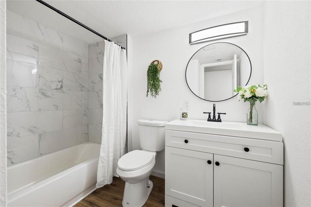Bathroom, Interior, Marble Walls, Wood Texture Flooring