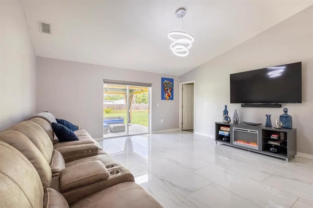 Fireplace, Interior, Living room, Marble, Pendant Lights