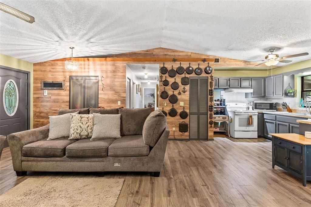 Interior, Kitchen, Living room, Pendant Lights, Stainless Steel Appliances, Wood Texture Flooring, Wooden Walls