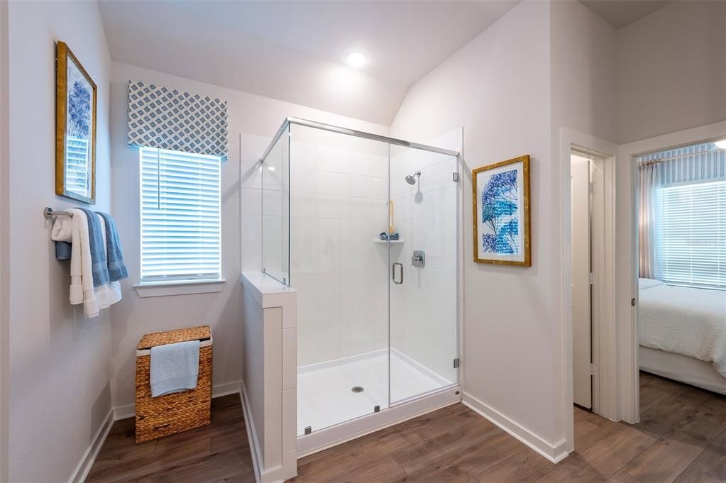 Bathroom, Glass Shower, Interior, Recessed Lighting, Wood Texture Flooring
