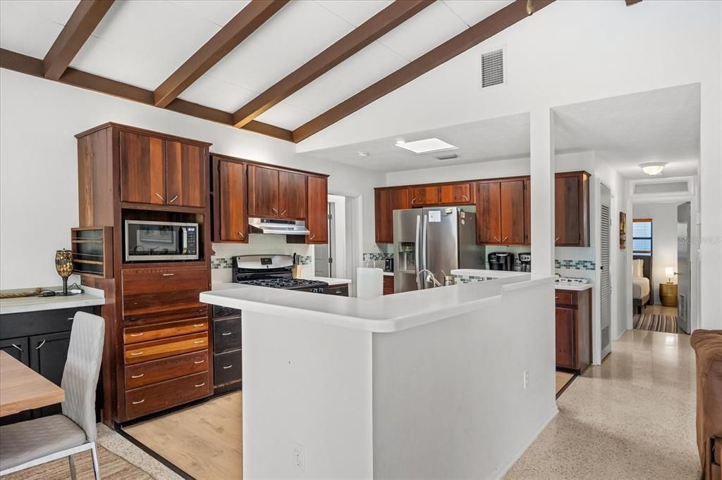 Interior, Kitchen, Recessed Lighting, Stainless Steel Appliances, Wooden Beams, Wood Texture Flooring