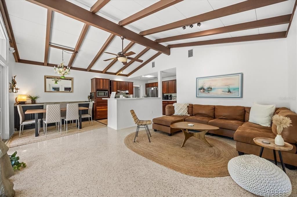Dining room, Interior, Kitchen, Living room, Pendant Lights, Wooden Beams
