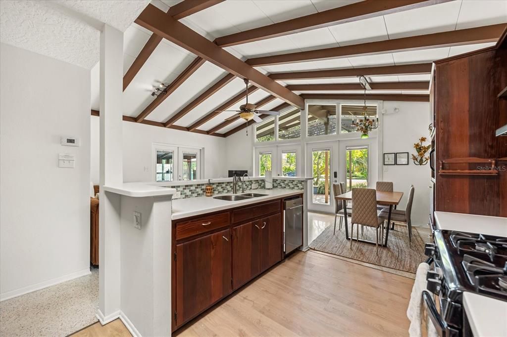 Dining room, Interior, Kitchen, Wooden Beams, Wood Texture Flooring