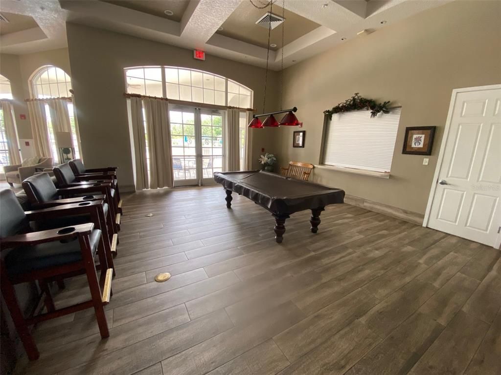 Billiard Table, Game Room, Interior, Pendant Lights, Recessed Lighting, Wood Texture Flooring