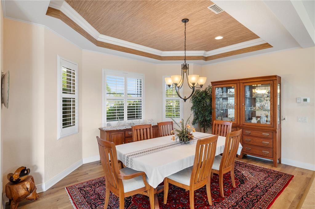 Dining room, Interior, Pendant Lights, Recessed Lighting, Wooden Ceilings, Wood Texture Flooring