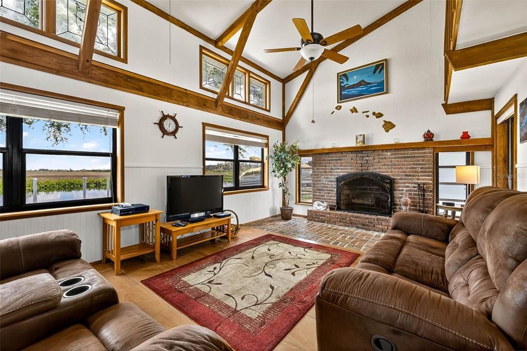 Fireplace, Interior, Living room, Stone Walls, Wood Texture Flooring