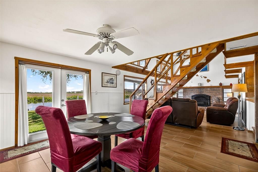 Dining room, Fireplace, Interior, Living room, Wood Texture Flooring