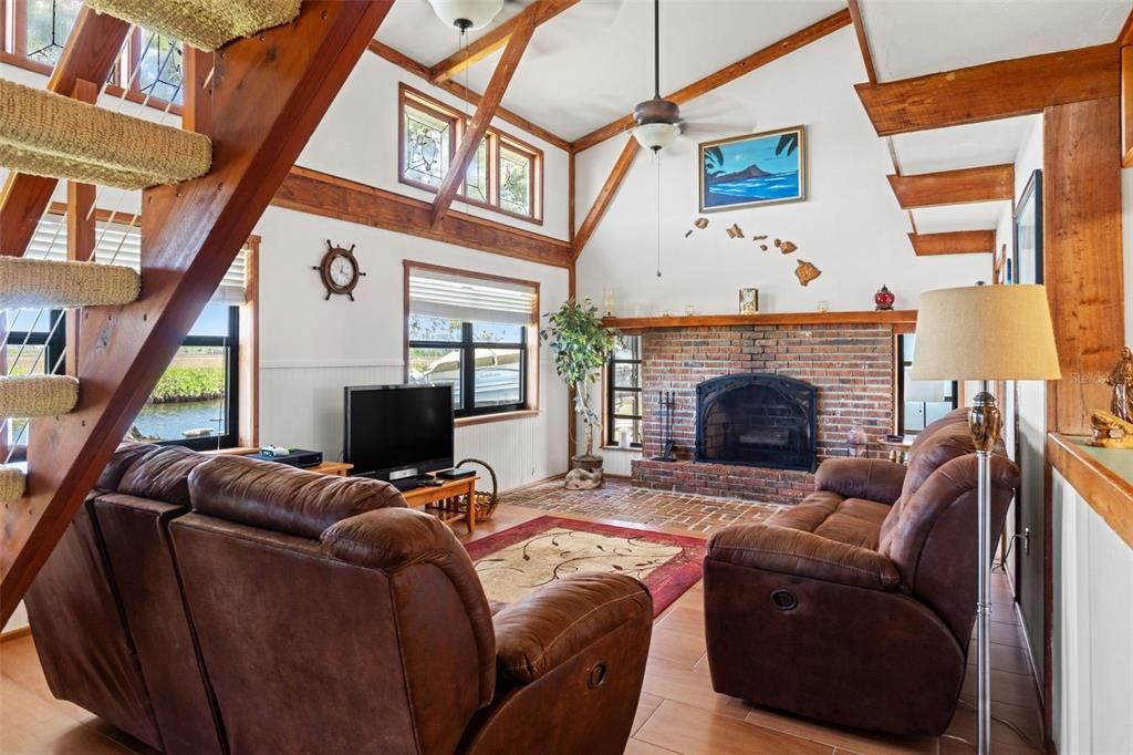 Fireplace, Interior, Living room, Pendant Lights, Wooden Beams, Wood Texture Flooring