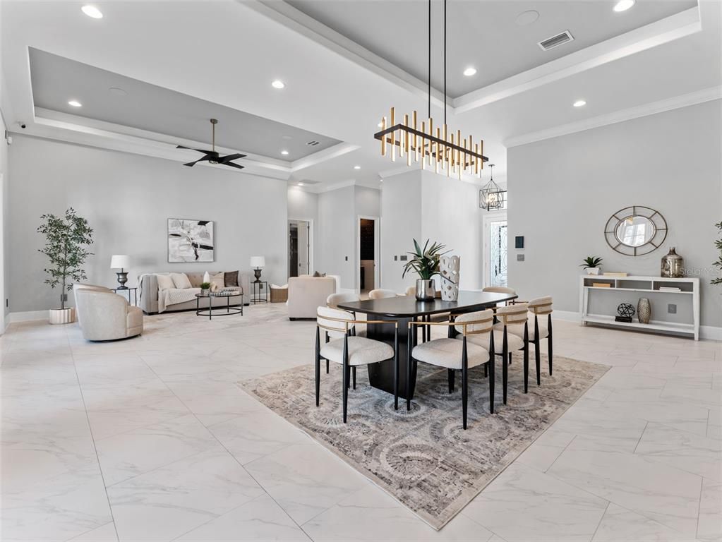 Dining room, Interior, Living room, Marble, Pendant Lights, Recessed Lighting