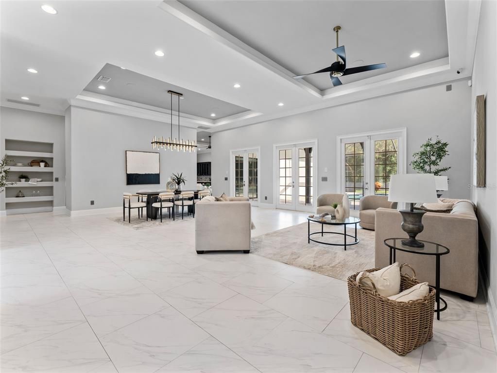 Dining room, Interior, Living room, Marble, Pendant Lights, Recessed Lighting