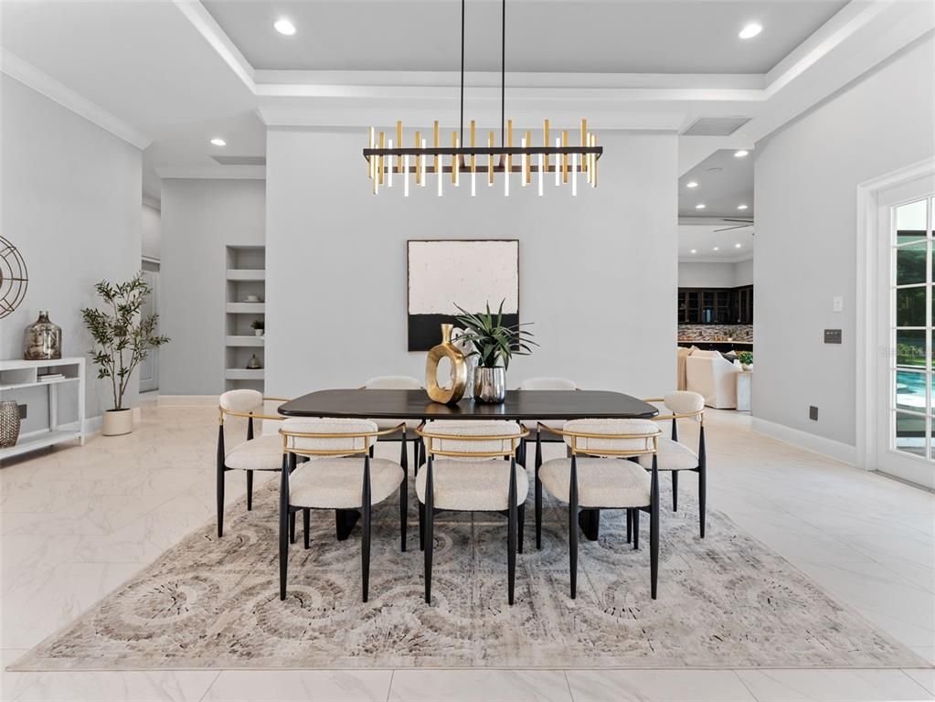 Dining room, Interior, Marble, Pendant Lights, Recessed Lighting