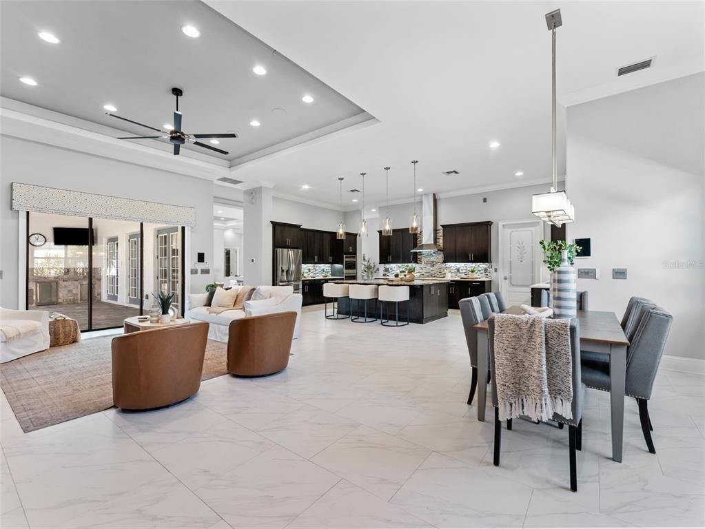 Dining room, Interior, Kitchen, Living room, Marble, Pendant Lights, Recessed Lighting, Stainless Steel Appliances