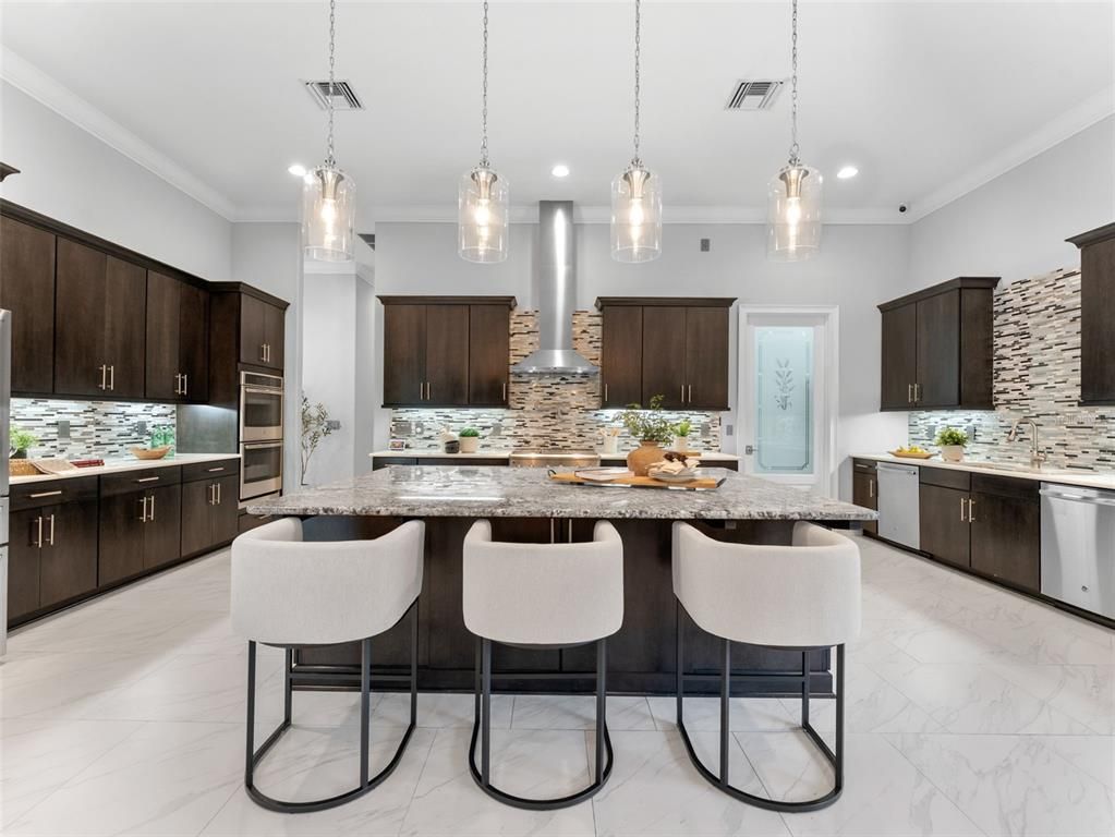 Interior, Kitchen, Marble, Pendant Lights, Recessed Lighting, Stainless Steel Appliances