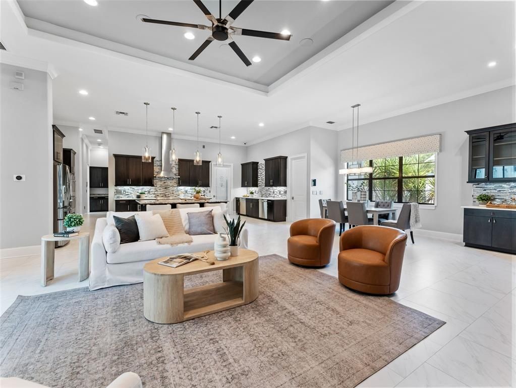 Dining room, Interior, Kitchen, Living room, Marble, Pendant Lights, Recessed Lighting, Stainless Steel Appliances