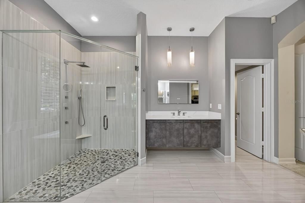 Bathroom, Glass Shower, Interior, Pendant Lights, Recessed Lighting