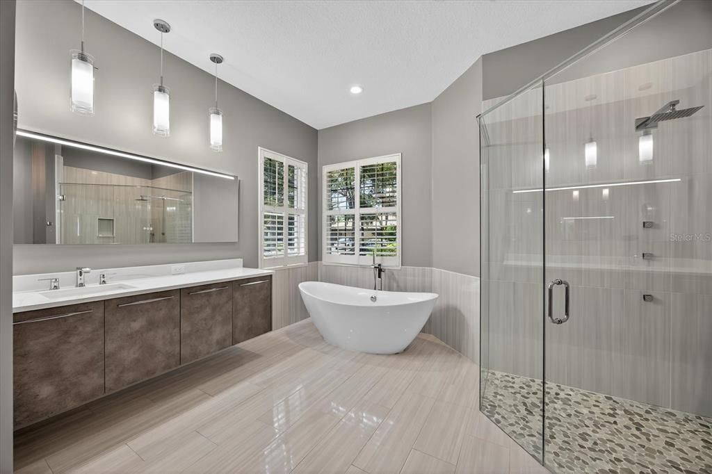 Bathroom, Dual Sink Vanities, Free Standing Baths, Glass Shower, Interior, Pendant Lights, Recessed Lighting