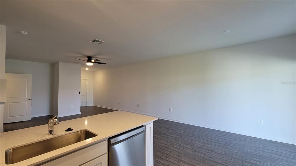 Empty room, Interior, Kitchen, Recessed Lighting, Wood Texture Flooring