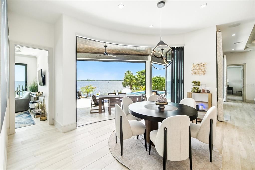 Dining room, Interior, Pendant Lights, Recessed Lighting, Water, Wood Texture Flooring