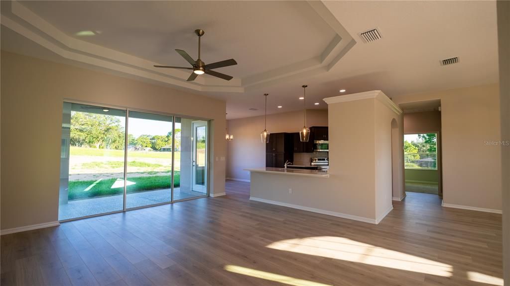 Empty room, Interior, Kitchen, Pendant Lights, Recessed Lighting, Stainless Steel Appliances, Wood Texture Flooring