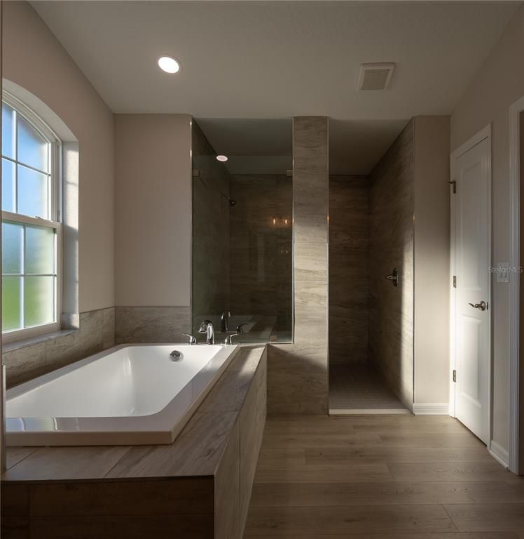 Bathroom, Glass Shower, Interior, Recessed Lighting, Wood Texture Flooring