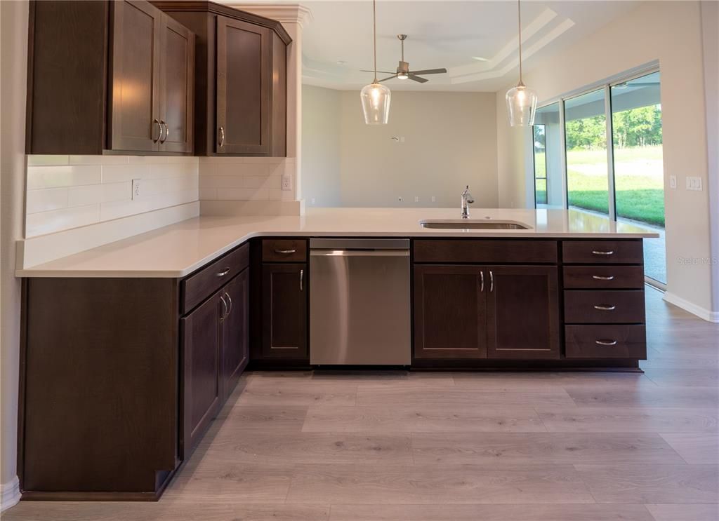 Interior, Kitchen, Pendant Lights, Wood Texture Flooring