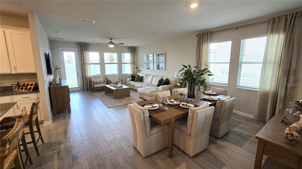 Dining room, Interior, Living room, Recessed Lighting, Water, Wood Texture Flooring