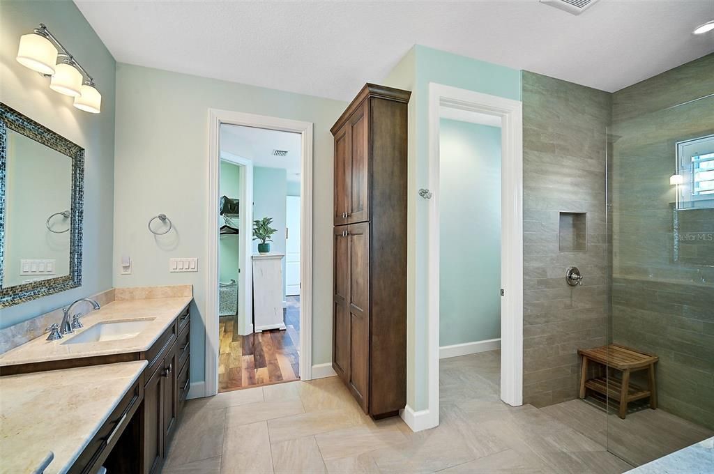 Bathroom, Dual Sink Vanities, Glass Shower, Interior, Wood Texture Flooring