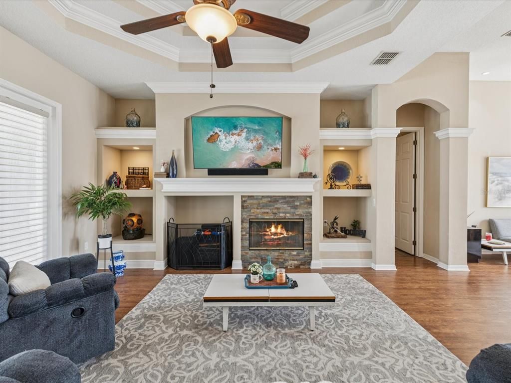 Fireplace, Interior, Living room, Recessed Lighting, Wood Texture Flooring