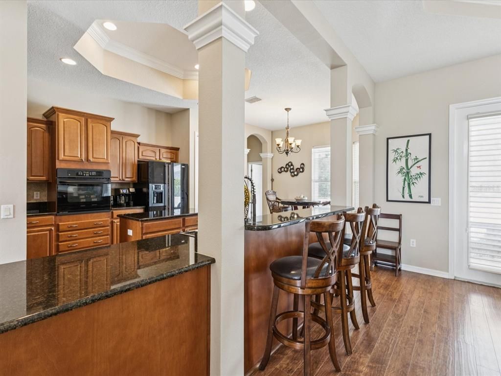 Chandelier, Dining room, Interior, Kitchen, Recessed Lighting, Wood Texture Flooring